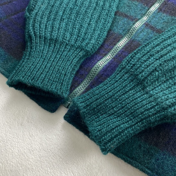 Brenire Vintage Hand Framed Pure New Wool Knit Plaid Full Zip Sweater Jacket - Picture 10 of 14